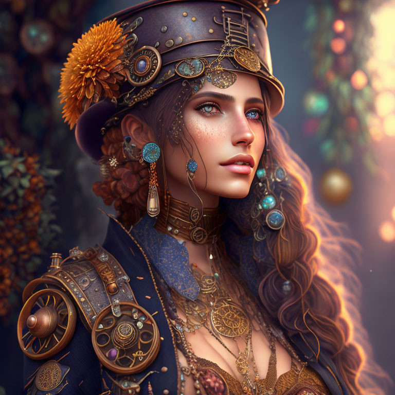 Steampunk-themed digital art of a woman with ornate gears and golden jewelry