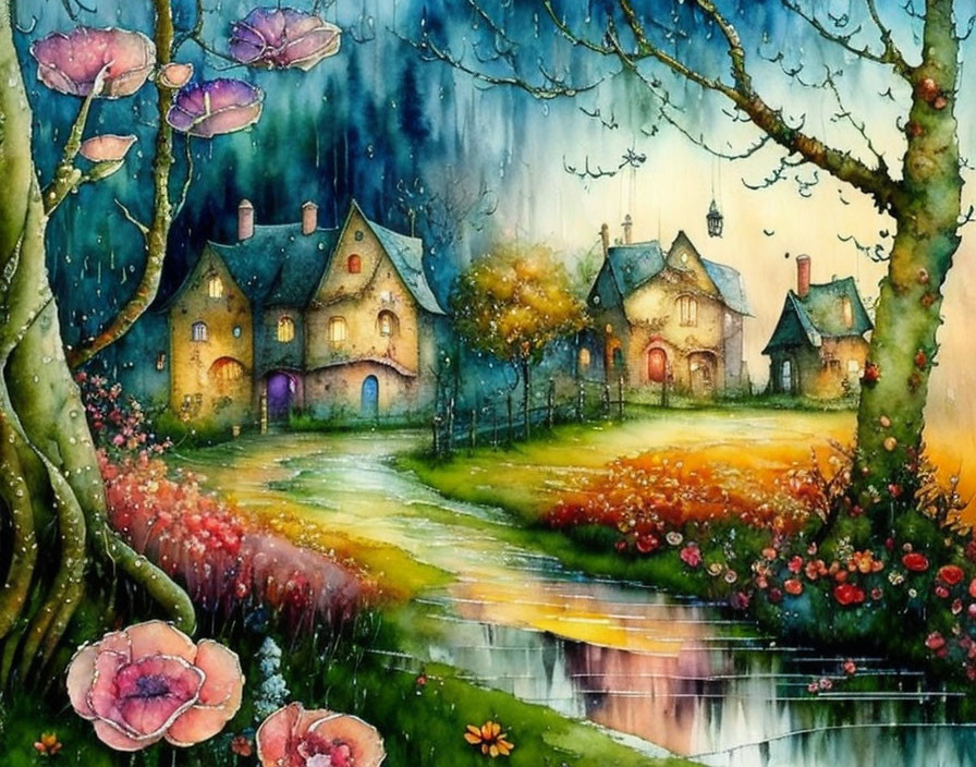 Colorful Whimsical Village Painting with Mystic Forest Backdrop