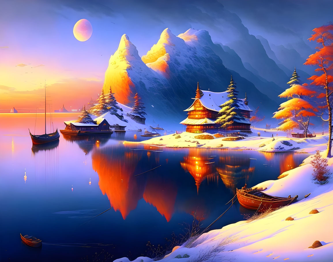 Snow-covered traditional buildings reflected in calm waters amidst twilight sky