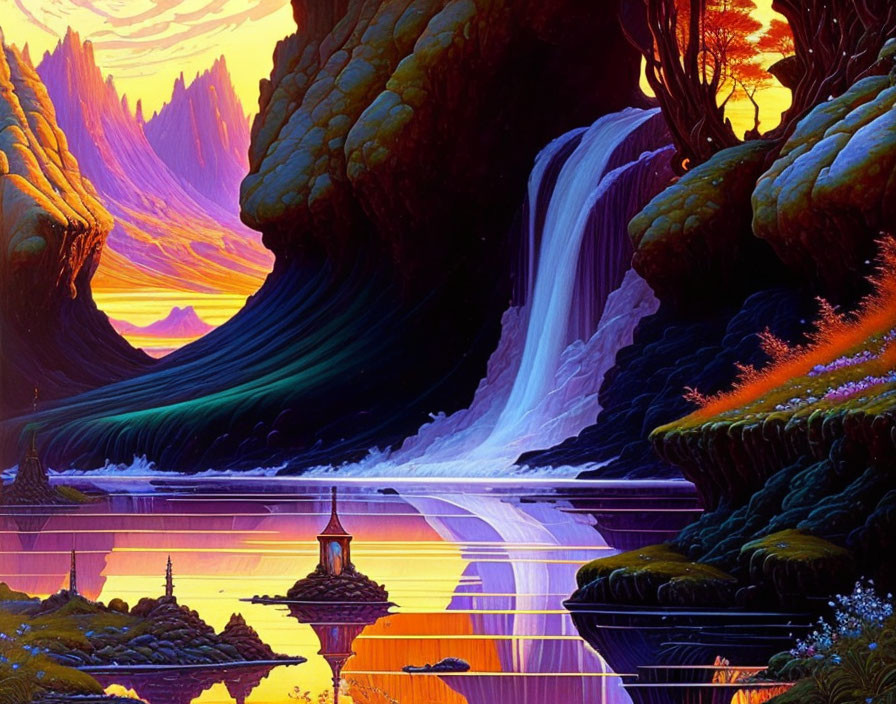 Vibrant fantasy landscape: cascading waterfalls, orange & purple sky, lush greenery,