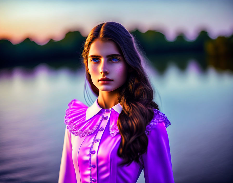 Woman with blue eyes and wavy hair in purple blouse by sunset lake