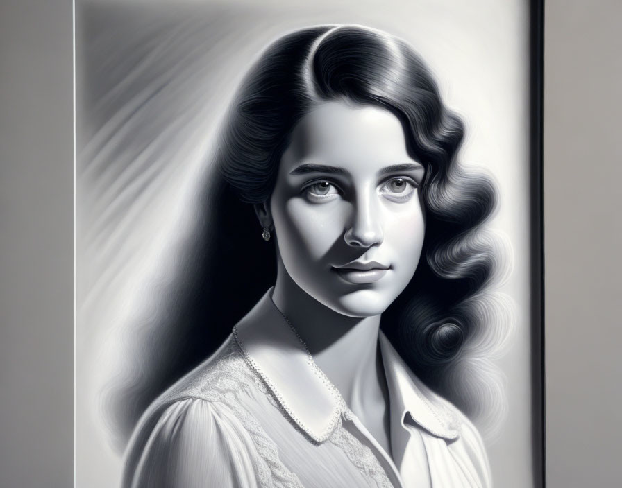 Monochromatic portrait of young woman with wavy hair and subtle earring