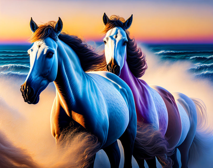 Majestic horses with flowing manes at vibrant sunset and choppy sea waves