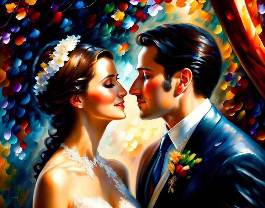 Colorful painting of bride and groom gazing intimately amidst bokeh lights