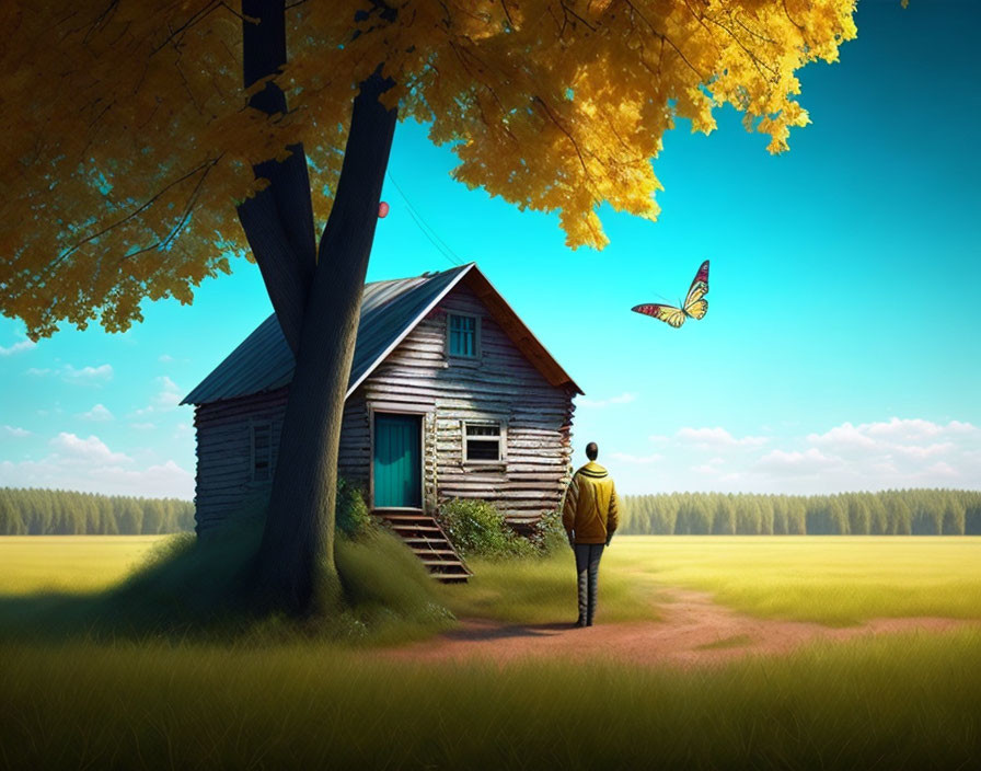 Person in Yellow Jacket Observing Wooden House in Autumn Setting