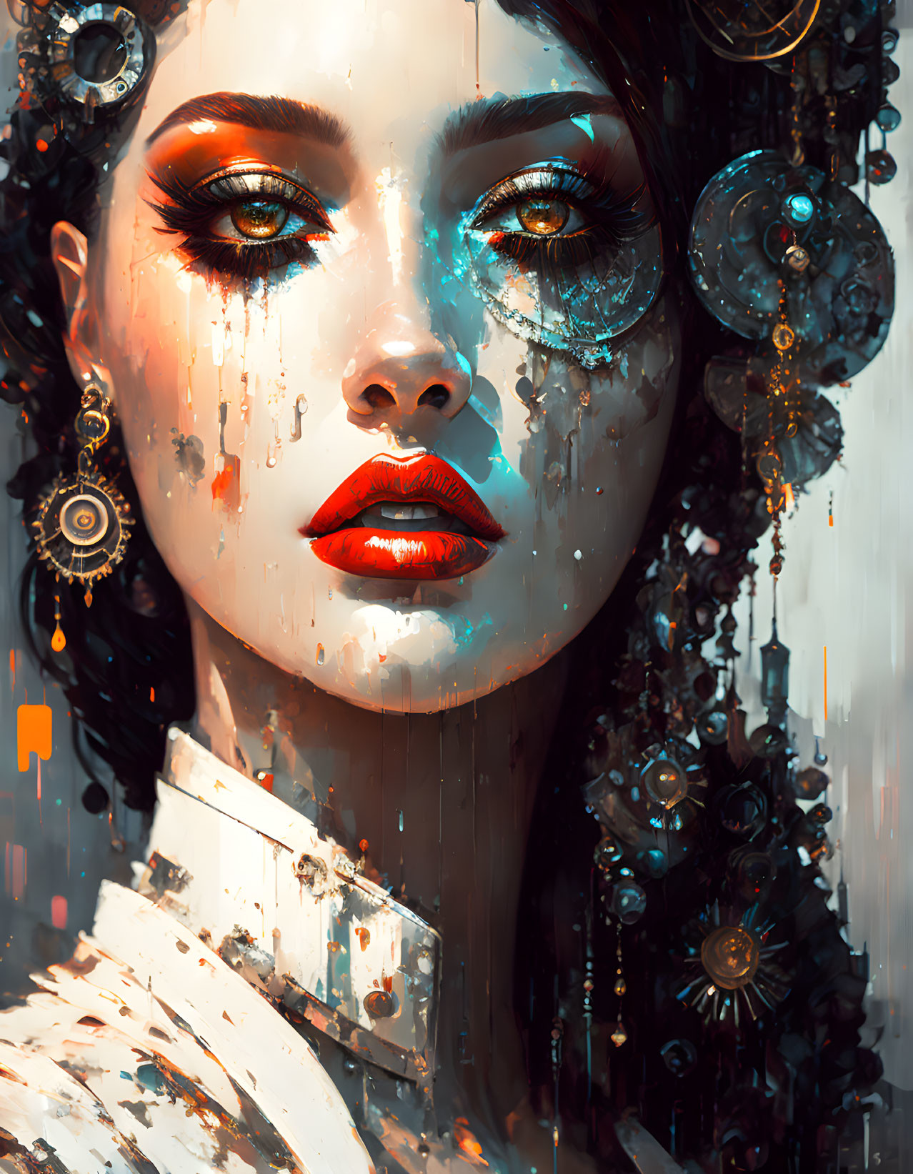 Digital artwork: Woman with mechanical elements and vibrant makeup, teary eyes, red lips, cogs