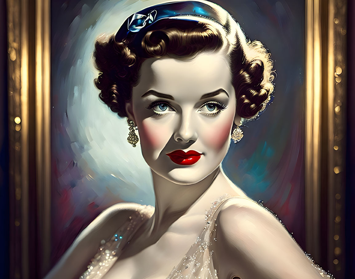 Vintage 1940s style portrait of a woman with curly hair and red lipstick