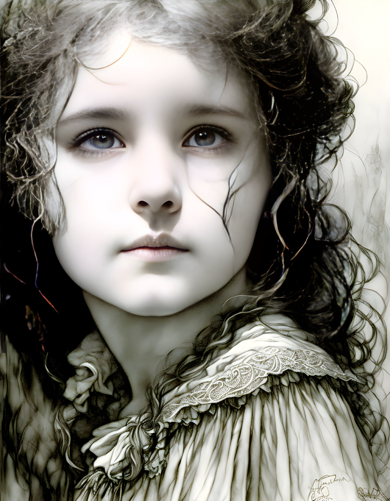 Curly-Haired Child in Ruffled Garment with Intense Eyes