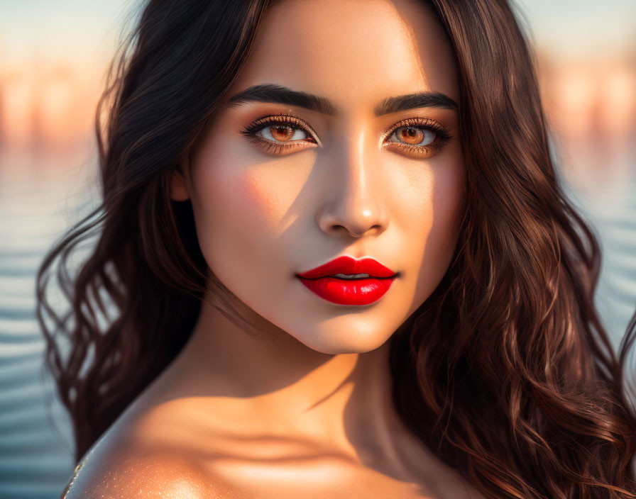 Woman with wavy hair and red lipstick near water at sunset with city lights bokeh.