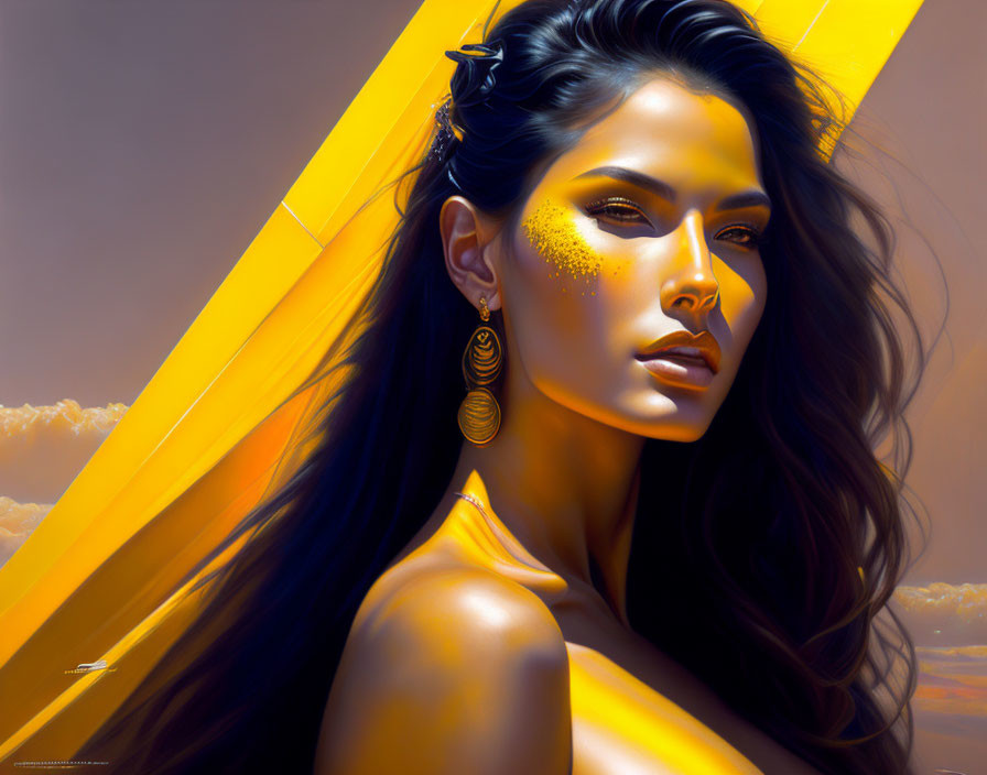 Golden-skinned woman with freckles in digital artwork against cloud and golden beams