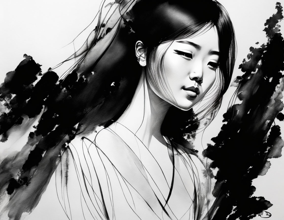 Asian woman portrait in monochrome with flowing hair and bold brushstrokes