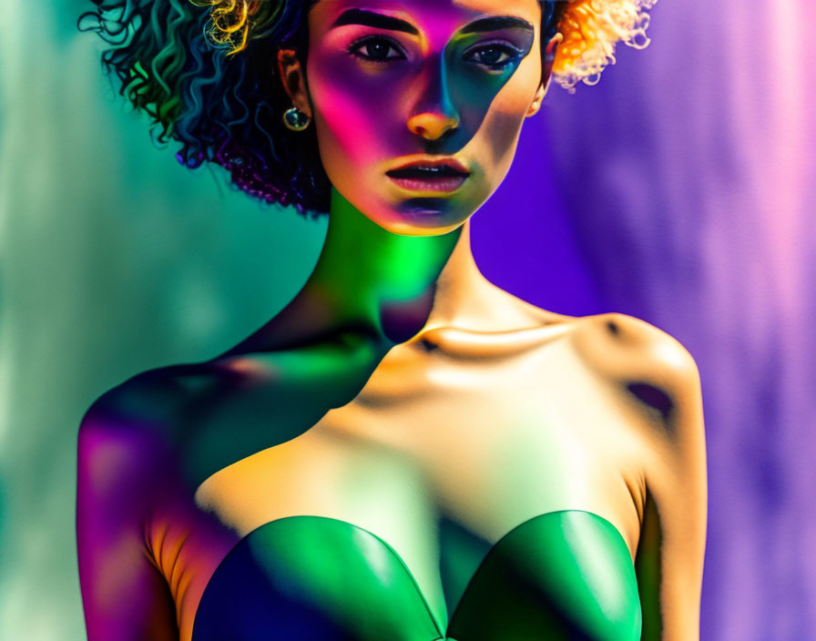 Curly-Haired Woman in Colorful Lighting with Green Neck, Strapless Top