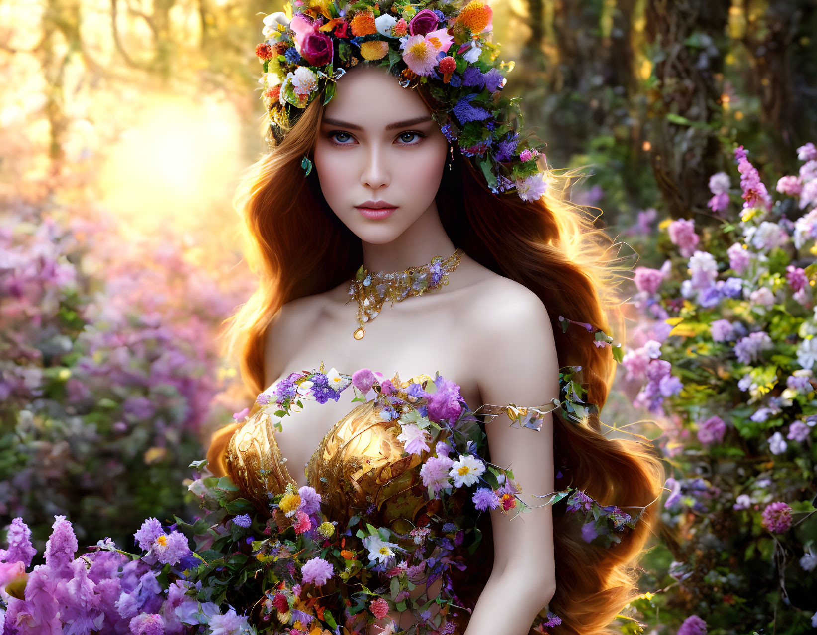 Woman in Floral Crown and Golden Dress Surrounded by Blossoming Flowers