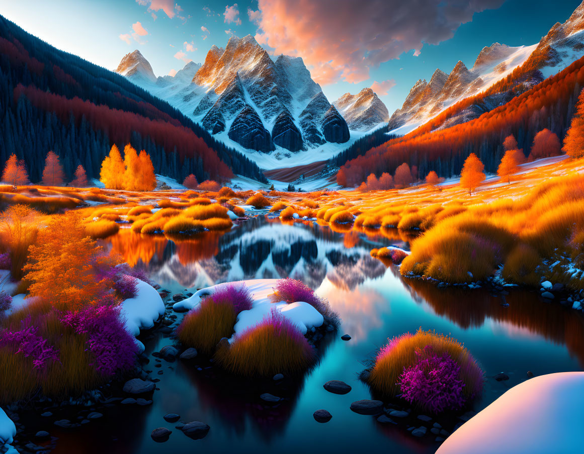 Scenic autumn landscape with snow-capped mountains, lake, orange trees, and purple flora