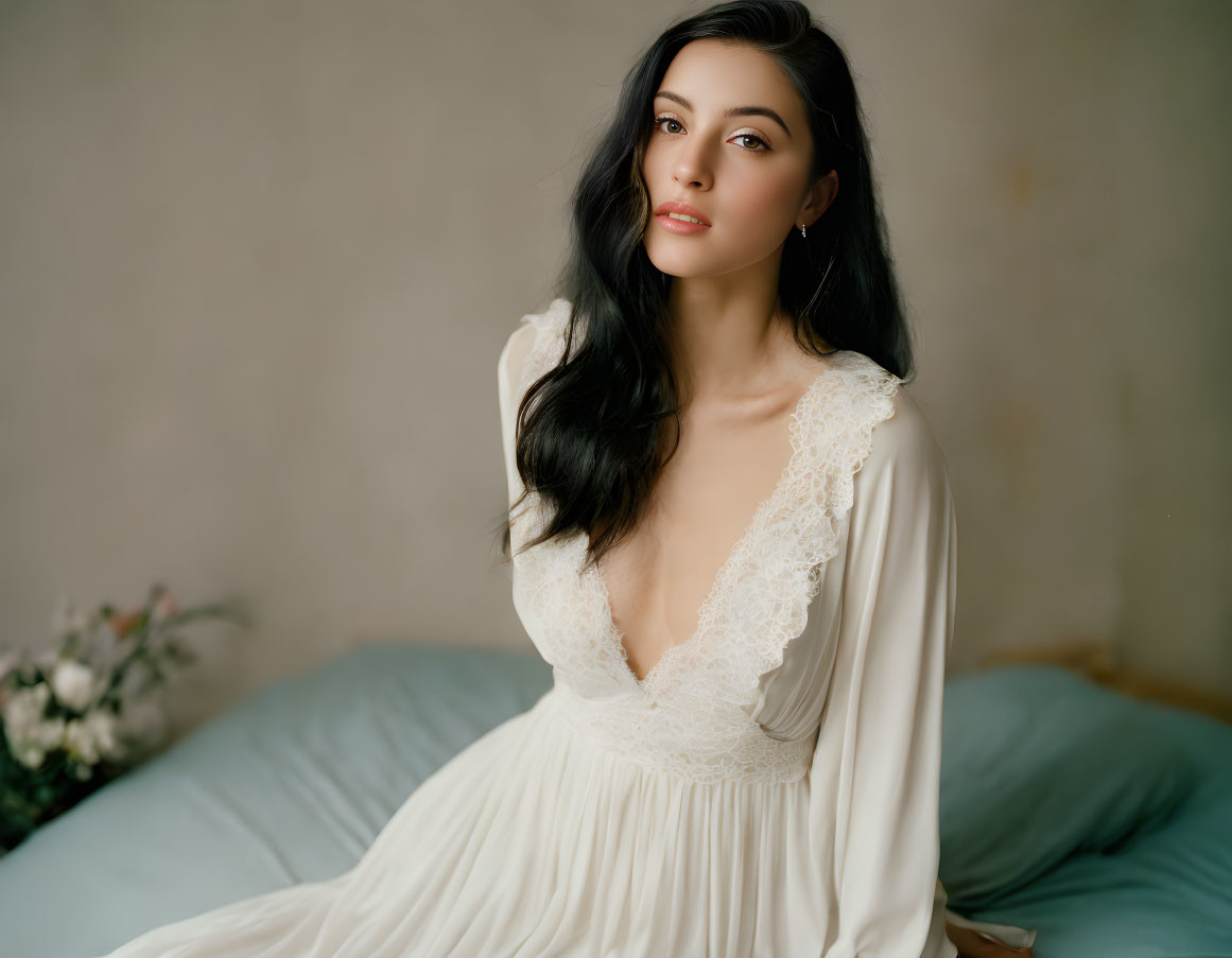 Elegant woman in white lace dress on soft blue backdrop with floral decor