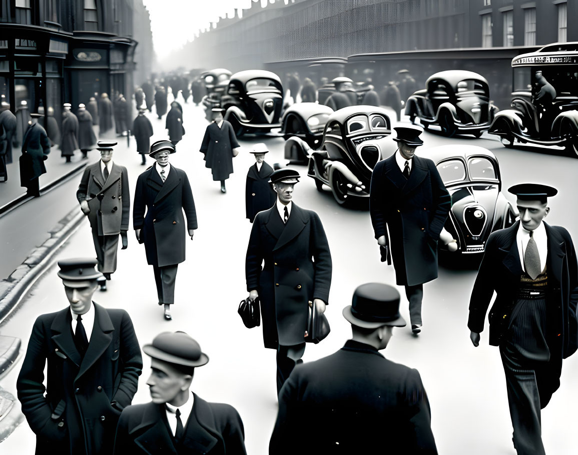 Vintage black and white city scene with pedestrians and old-fashioned cars.