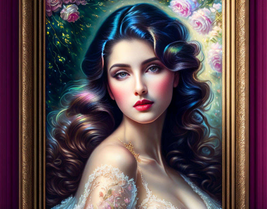 Digital painting: Woman with blue hair and red lips in ornate frame, surrounded by flowers and magical