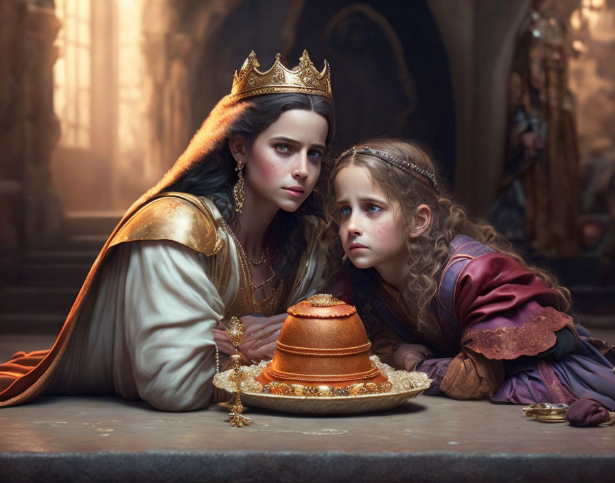 Royal crown woman and child in medieval attire surrounded by opulence.