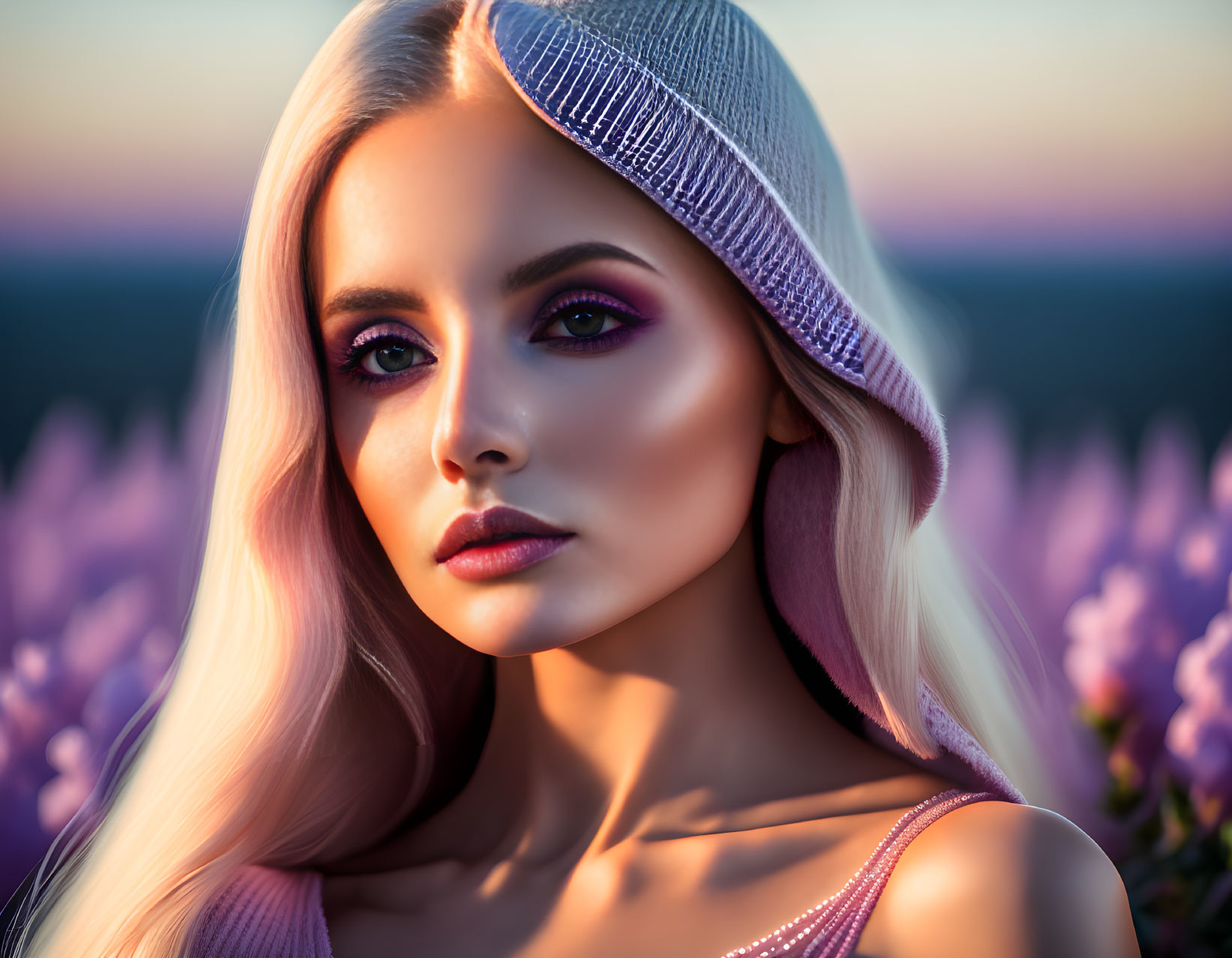 Platinum blonde woman in knitted hat with striking makeup among purple flowers at sunset