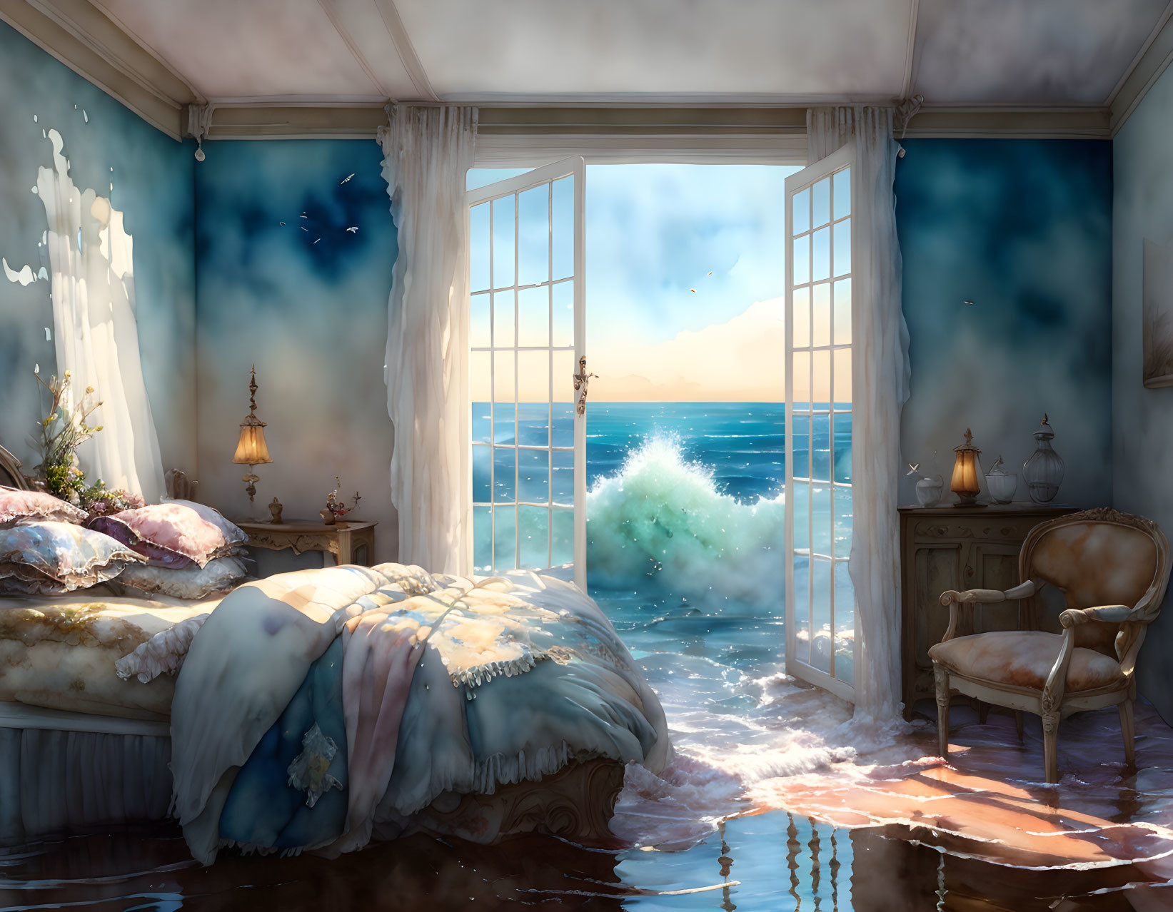 Tranquil bedroom with ocean view and surreal decor