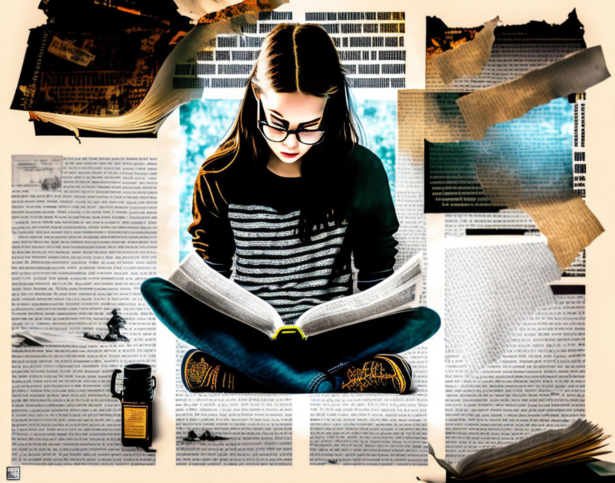 Girl with glasses engrossed in book amid floating newspapers and books with coffee cup, creating surreal vibe