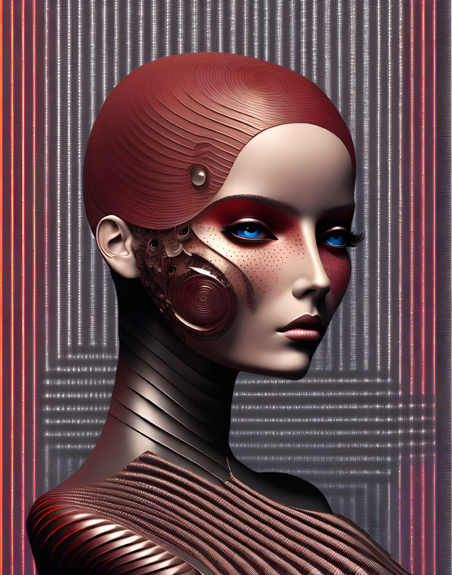 Futuristic bald female android with intricate mechanical details and contemplative gaze