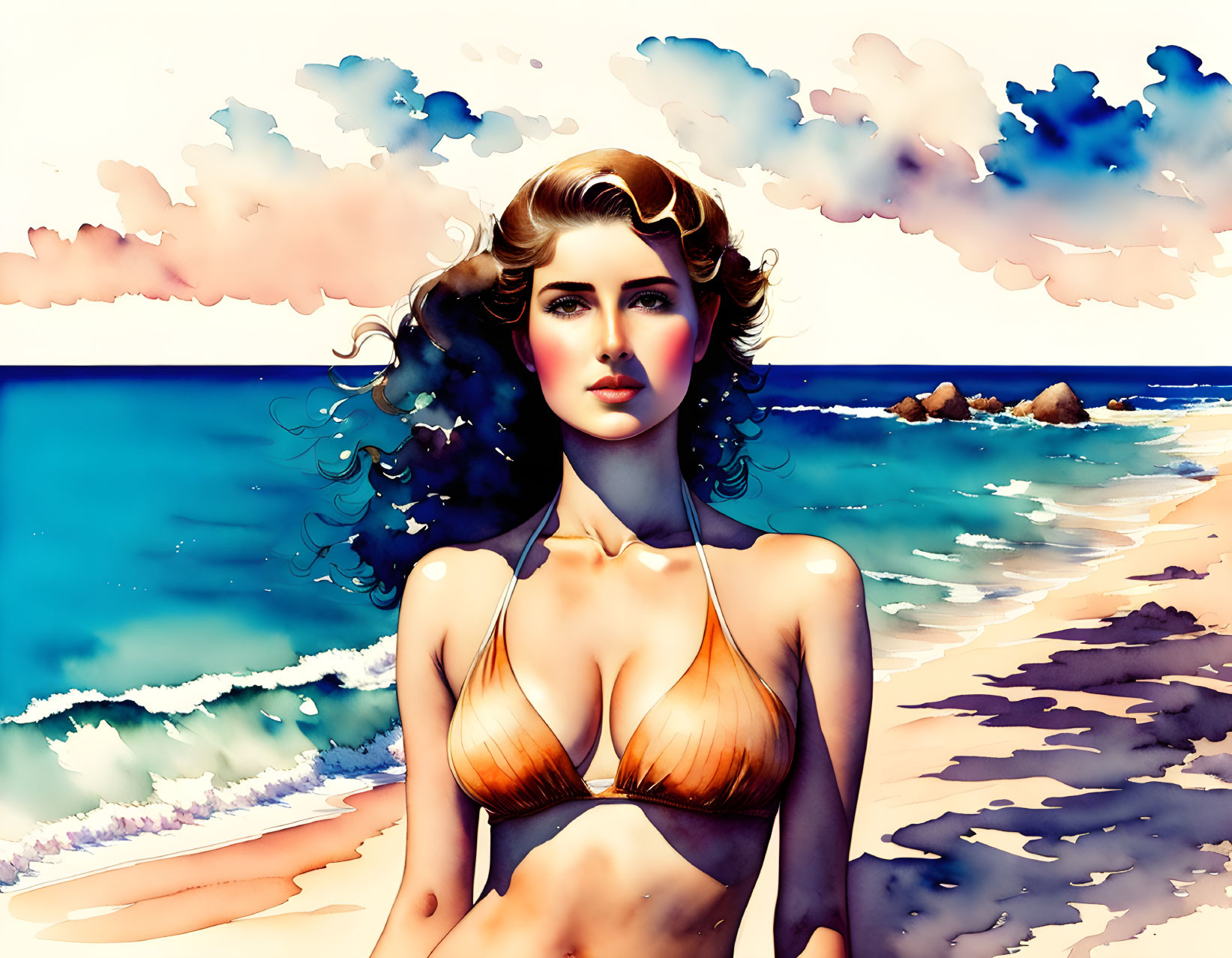 Woman in Bikini on Vibrant Beach with Wavy Hair