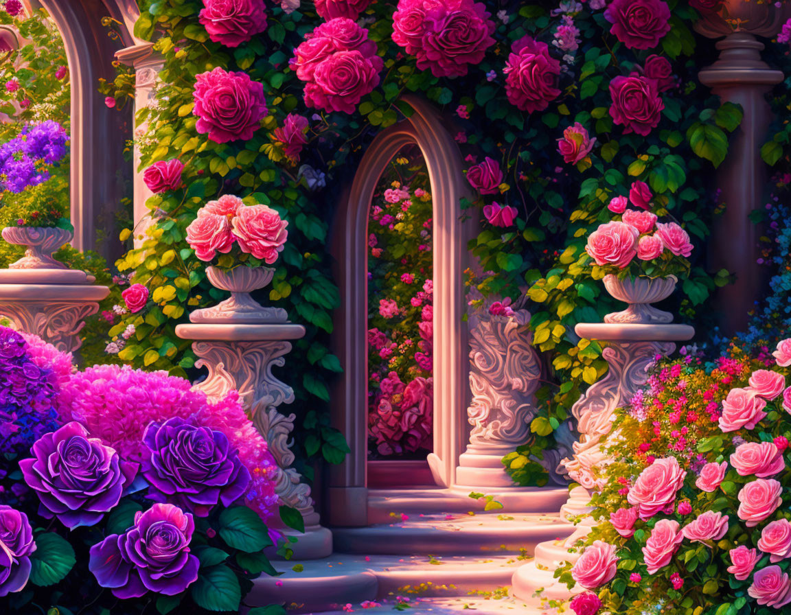 Lush Pink and Purple Flower Garden with Stone Archway