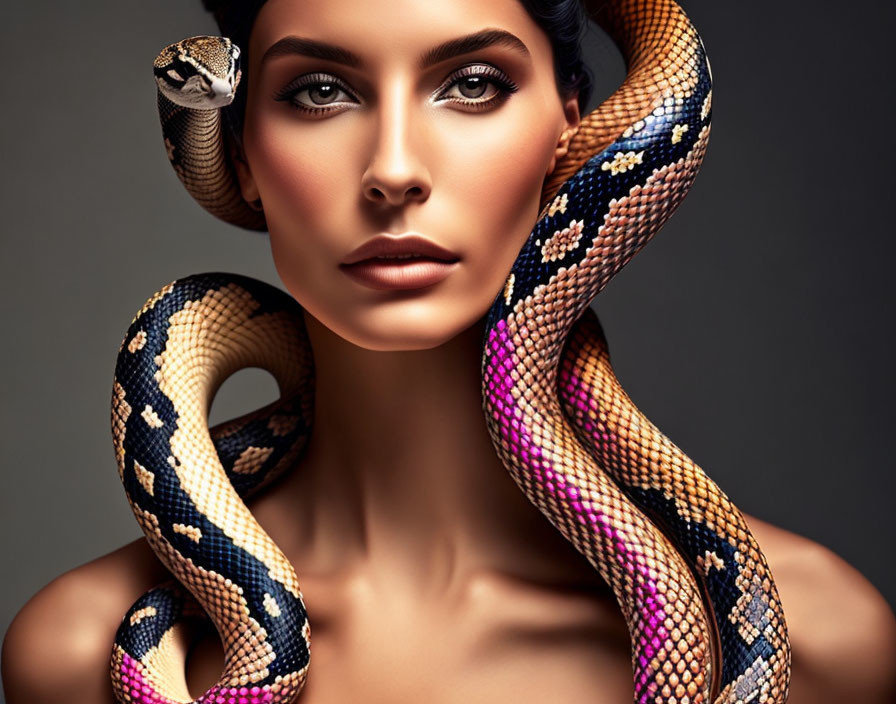 Woman with striking makeup and ball python on neck against gray background