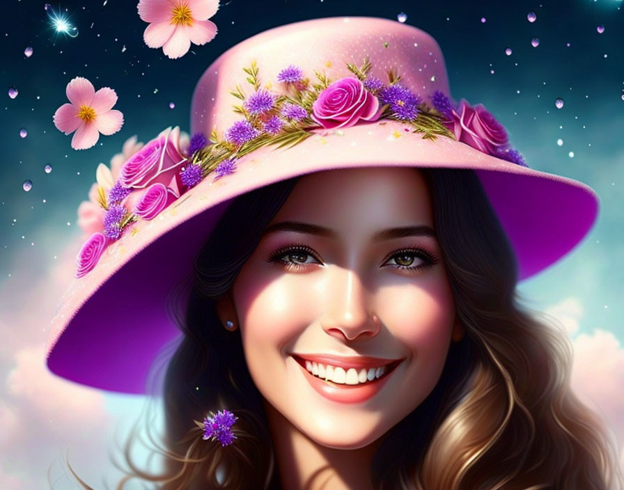 Smiling woman with pink floral hat in starry sky scene