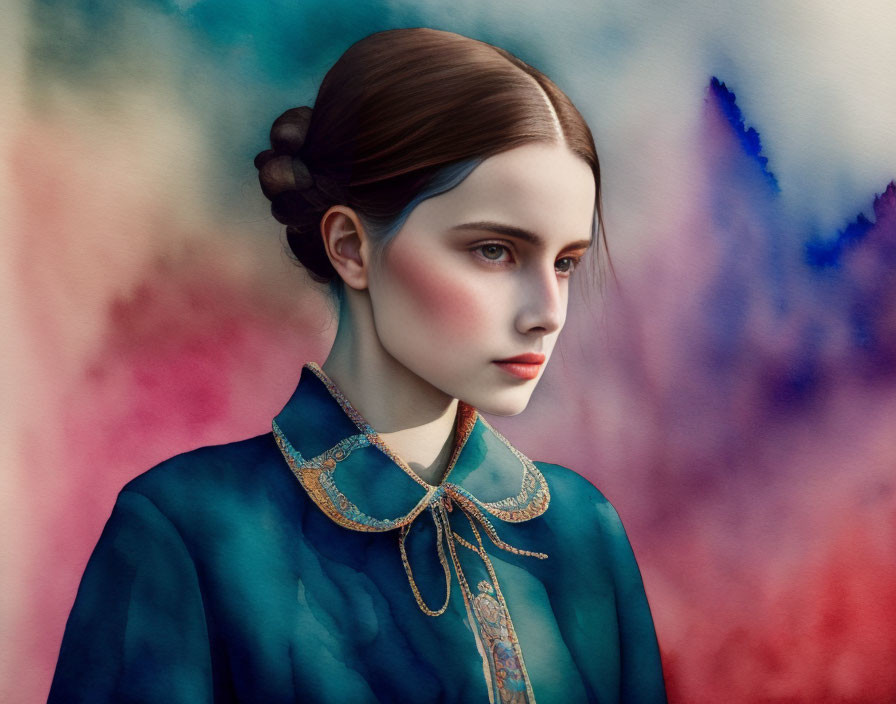 Digital artwork featuring woman with porcelain skin and dark hair in bun, wearing traditional blue outfit against multicol