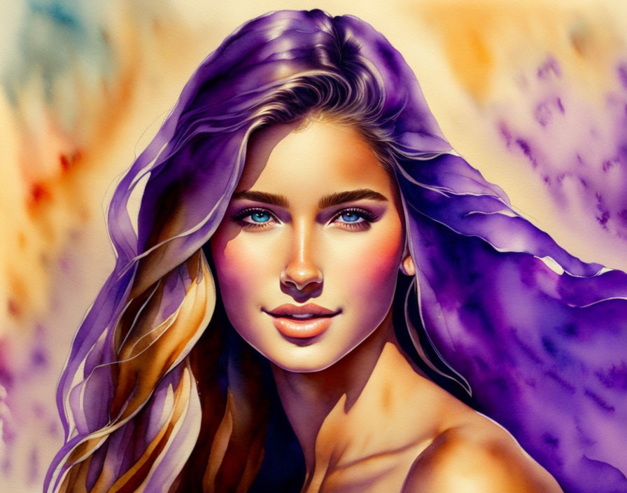 Vibrant purple hair woman portrait against abstract background