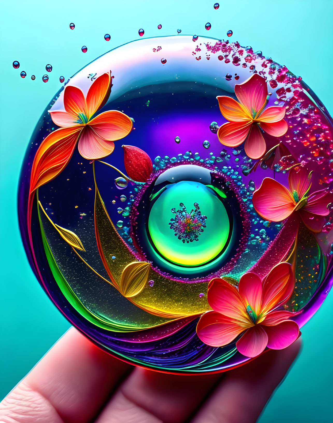 Colorful cosmic sphere with red flowers and bubbles in hand