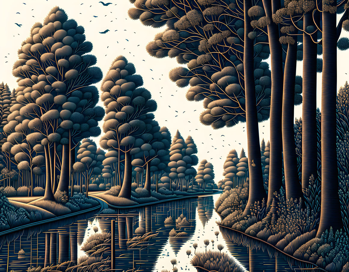 Nocturnal forest scene with reflective water and birds in a monochromatic blue palette