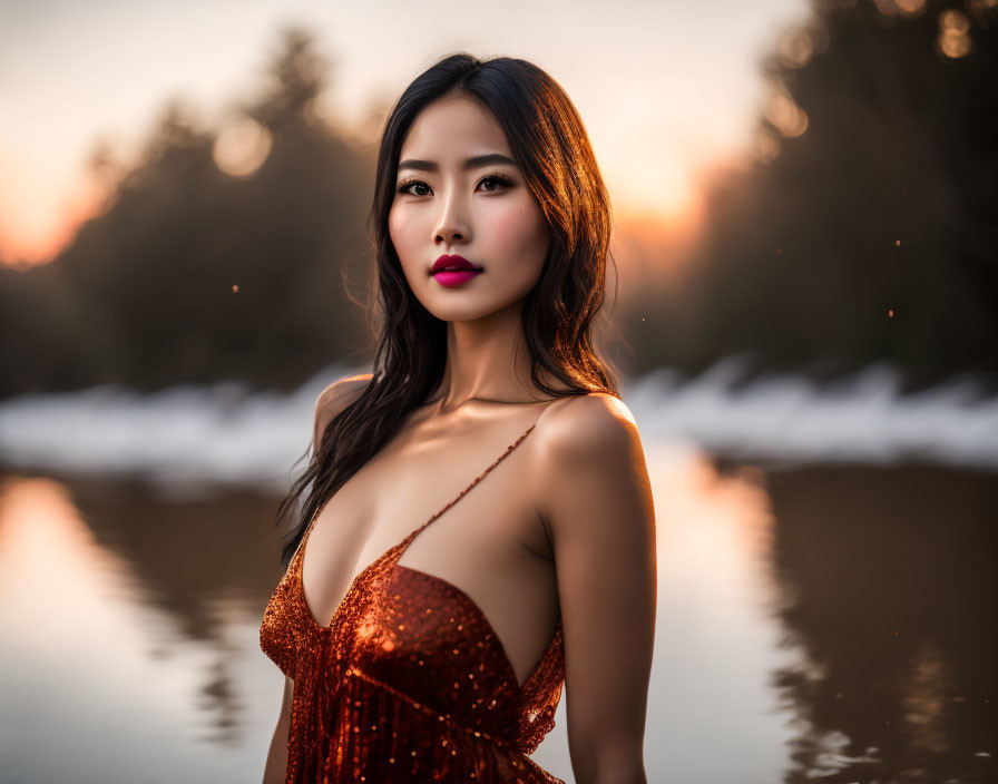 Woman in Sparkling Red Dress by Water at Sunset