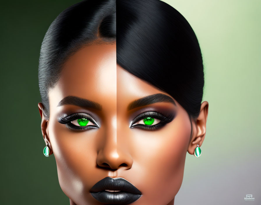 Digital portrait: Symmetrical woman, split complexion, green eyes, black lipstick, sleek hairstyle, earrings