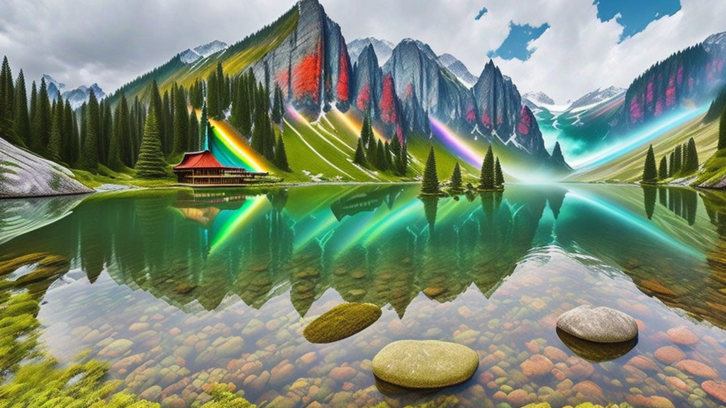 Colorful illuminated mountains reflected in clear lake with small cabin and trees under bright blue sky.