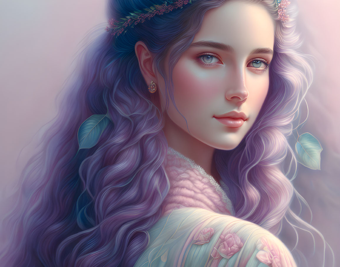 Illustration: Woman with Lavender Hair, Floral Dress & Headpiece