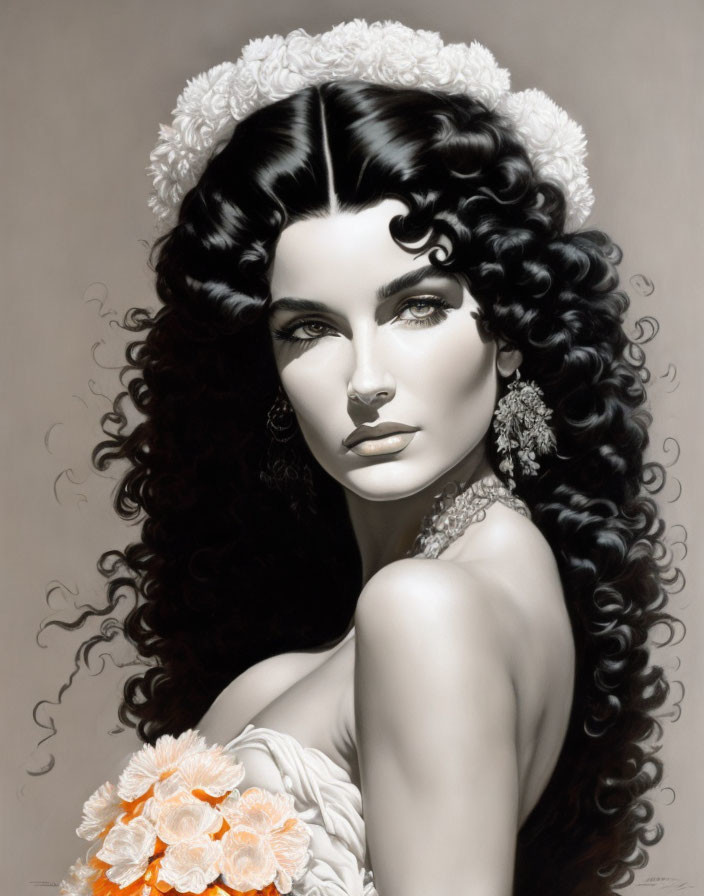 Monochrome portrait of elegant woman with curly hair and floral accessories.