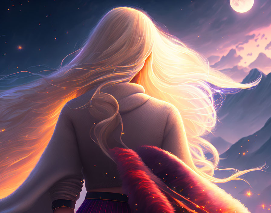 Blonde woman gazes at night sky with moon and stars