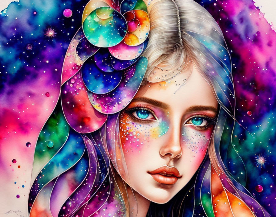 Woman with Cosmic-Themed Makeup and Galaxy Hair on Colorful Nebula Background