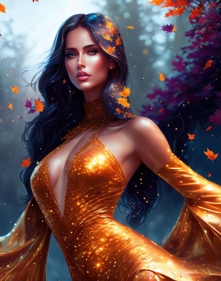 Woman with long dark hair in golden garment in enchanted forest