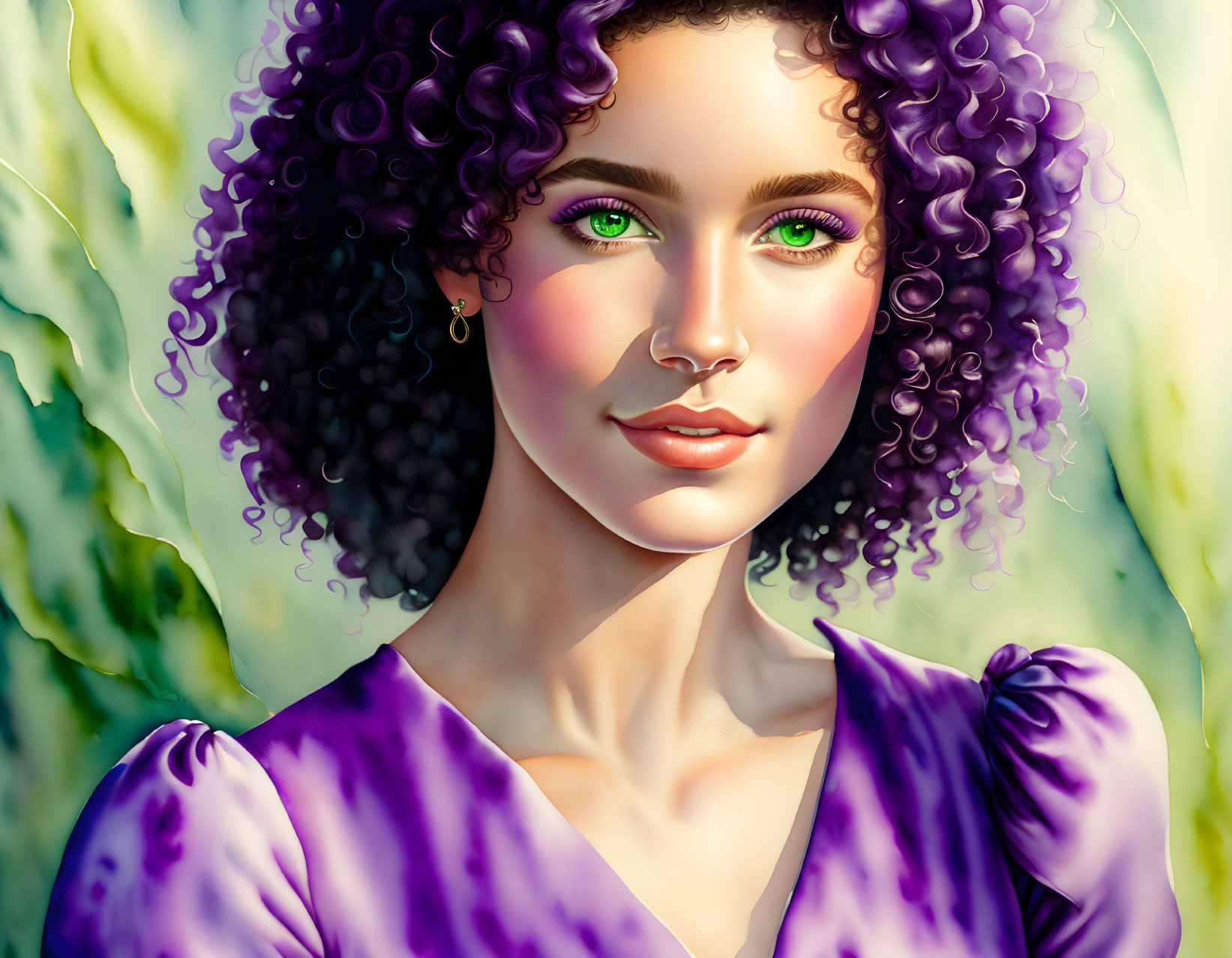 Curly-haired woman in purple dress with green eyes, set against nature backdrop