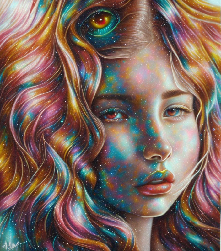 Vibrant cosmic-colored hair portrait with galaxy pattern and third eye