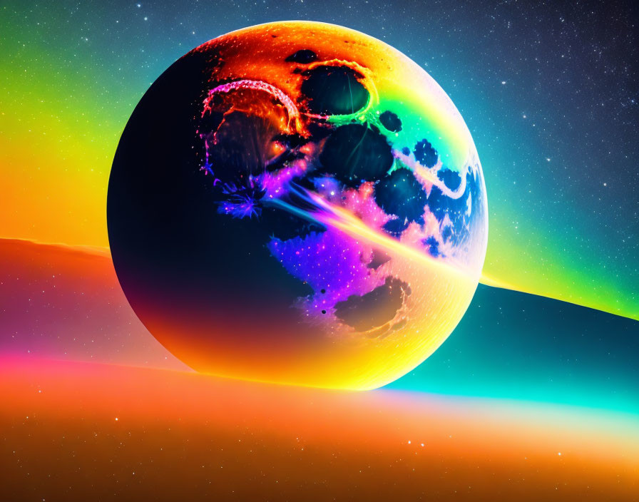 Colorful surreal planet with vibrant space backdrop and rainbow hues