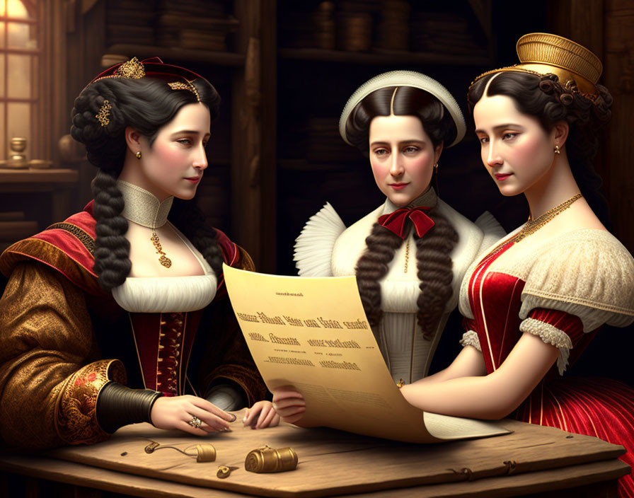 Three women in historical dresses examine a document in a wood-paneled room, Renaissance style clothing and hairstyles