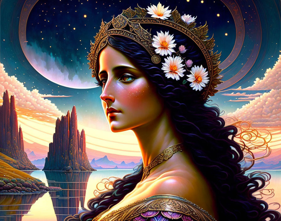 Fantasy woman with flower crown and celestial backdrop portrait.