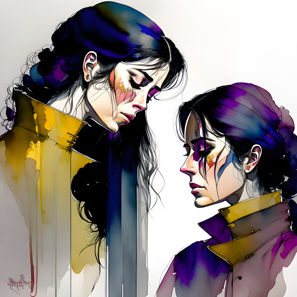 Two women illustration with dark hair and yellow accents in pensive poses