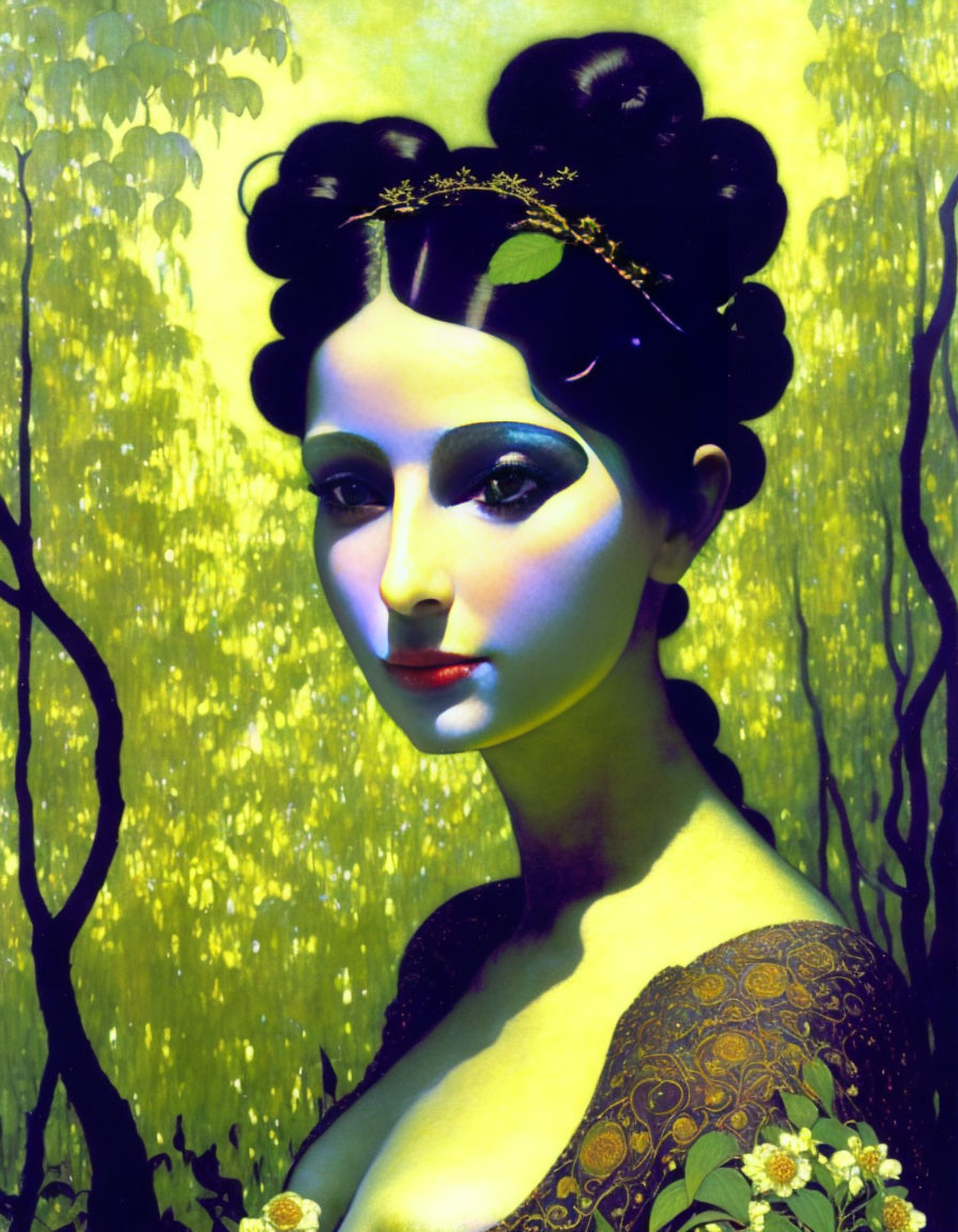 Dark-haired woman in updo with golden headpiece against fantasy woodland backdrop