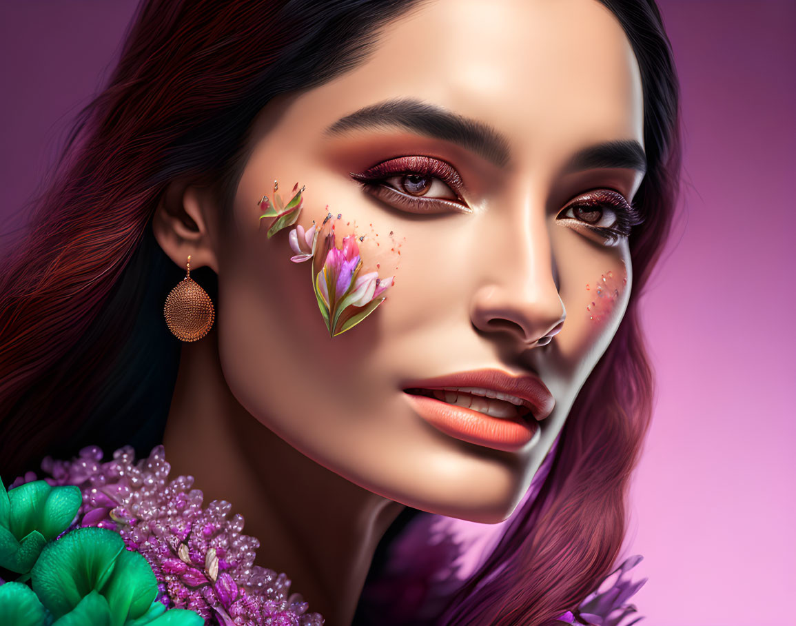 Woman's digital portrait with floral makeup, gold earring, pink and green outfit